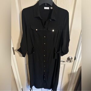 New York & Company Classic Button-Front Midi Shirt Dress w Buckle Waist, Black M